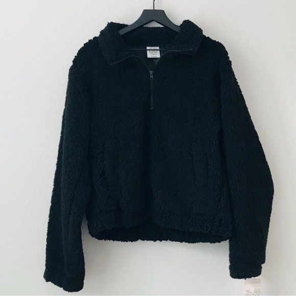 New! SAGE COLLECTIVE Sherpa Teddy Half Zip Pullover Faux Shearling Black Jacket - Picture 2 of 10